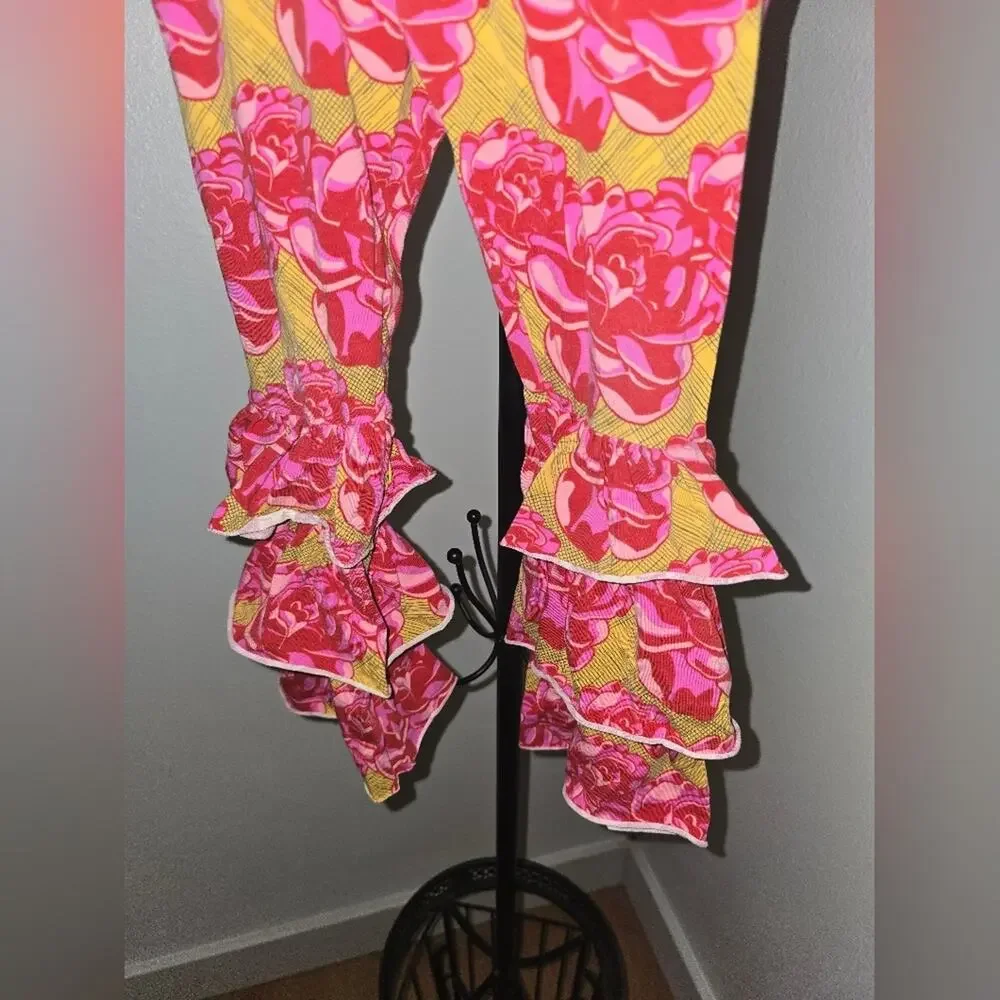 Matilda Jane Pink Yellow Floral Ruffle Bottom Leggings Girl's Size 6